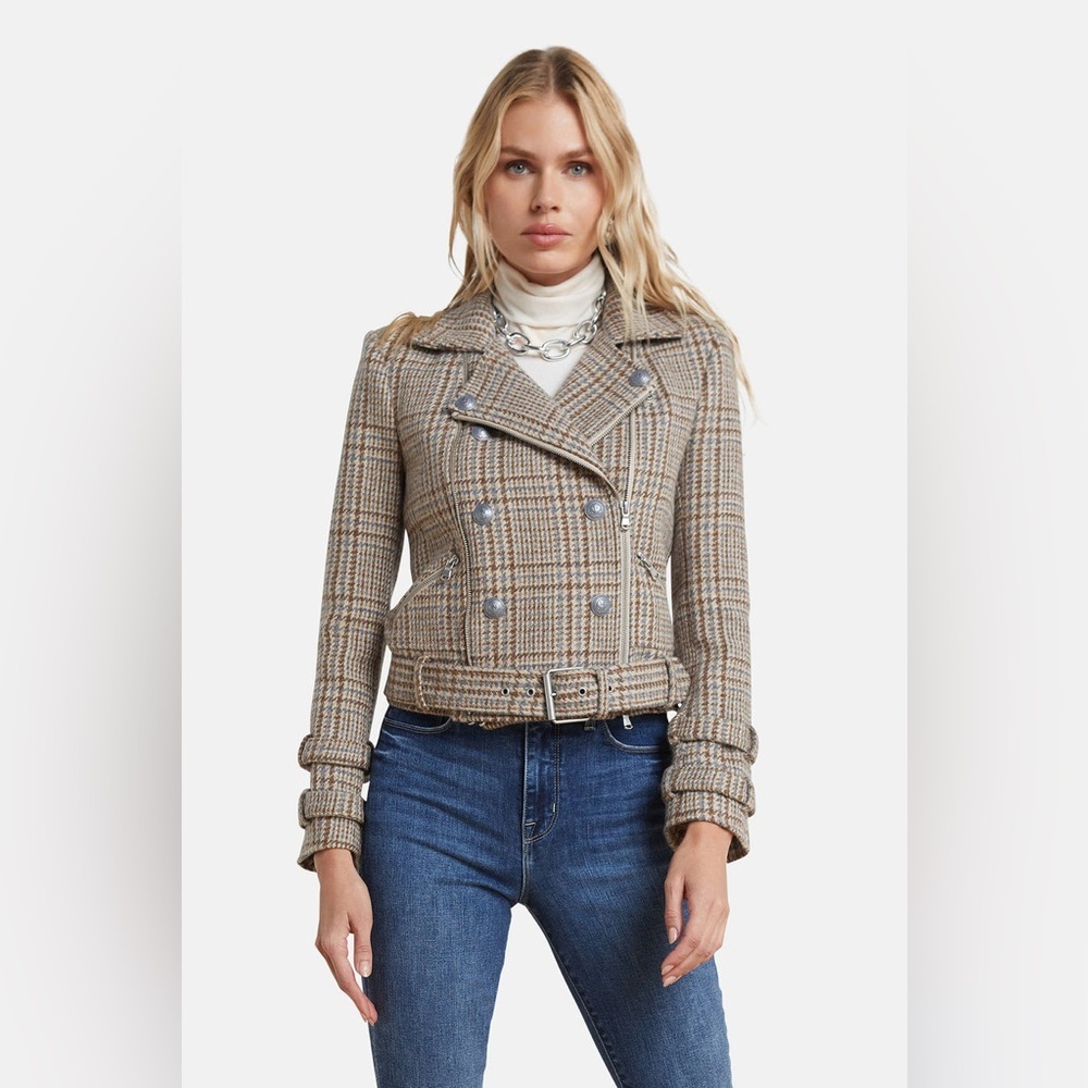 L’agence Billie Belted Jacket Tweed Wool Beige/Blue Plaid Sz Xs No Belt